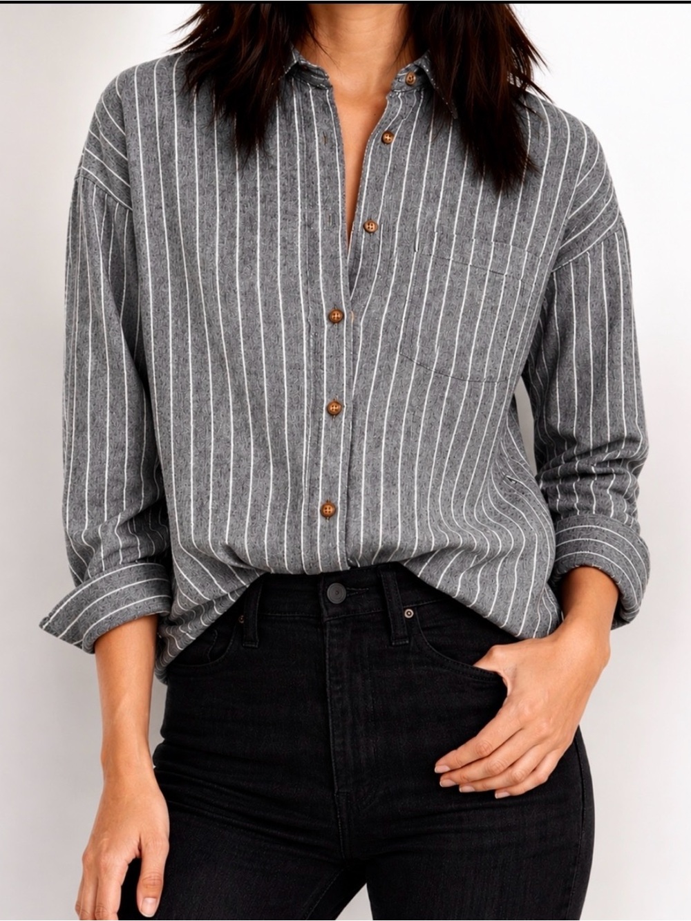 MADEWELL Westward Grey Flannel Pinstripe Button Down Shirt Size M